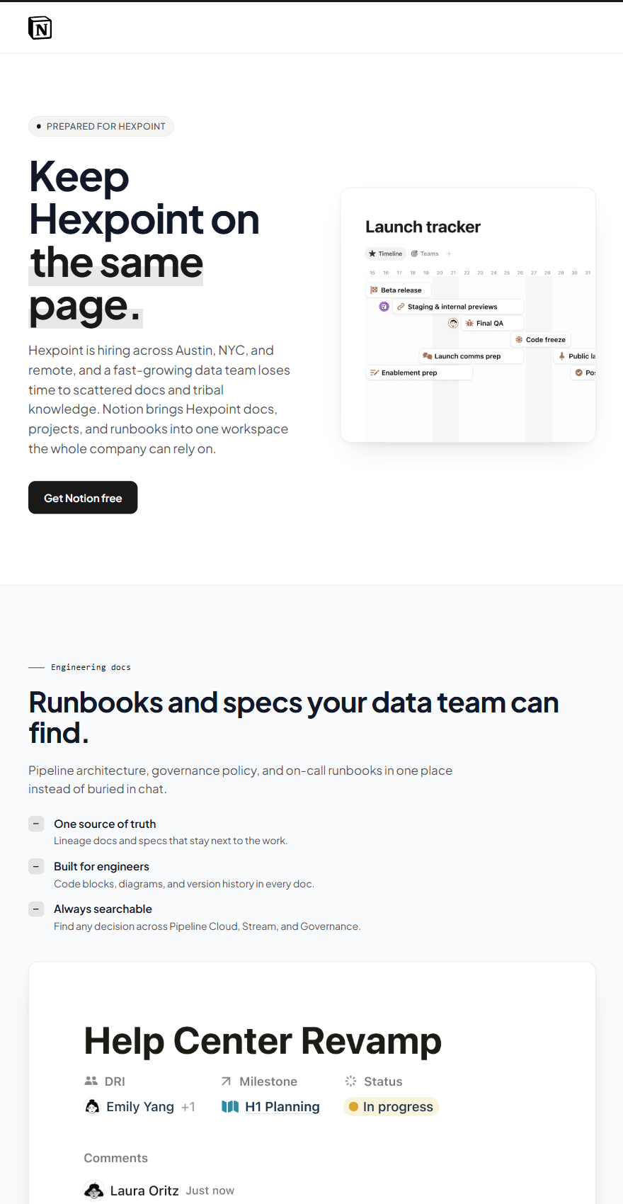 A landing page built for a prospect at Notion